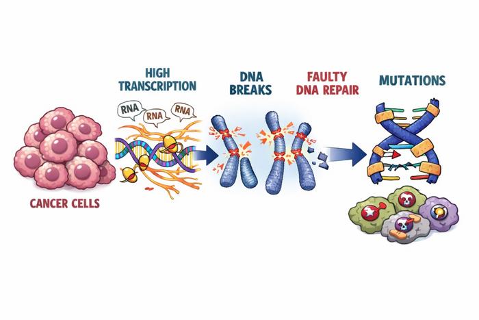 Die Illustration zeigt, wie stark aktivierte Gene in Krebszellen das Erbgut unter Stress setzen und DNA-Brüche entstehen. Ungenaue Reparaturen dieser Schäden können Mutationen begünstigen und Tumoren aggressiver machen.