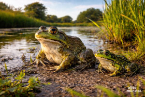 Größenvergleich zwischen dem amerikanischen Ochsenfrosch (l.) und dem heimischen Teichfrosch. (Visualisierung: Chat GPT)