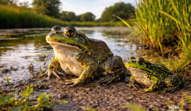 Größenvergleich zwischen dem amerikanischen Ochsenfrosch (l.) und dem heimischen Teichfrosch. (Visualisierung: Chat GPT)