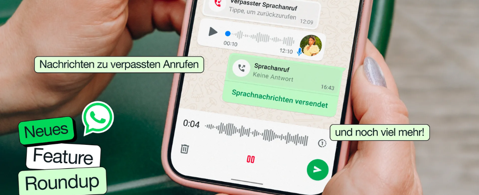 Smartphone Mockup mit Voicemail und Nachrichten, Textelemente auf grünem Hintergrund, Hand hinter dem Smartphone