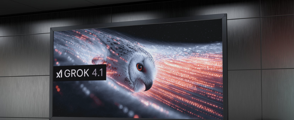 weiße Eule neben hellen Lichtern, die Tempo andeuten, Grok 4.1-Schriftzug, grau-schwarzer Hintergrund