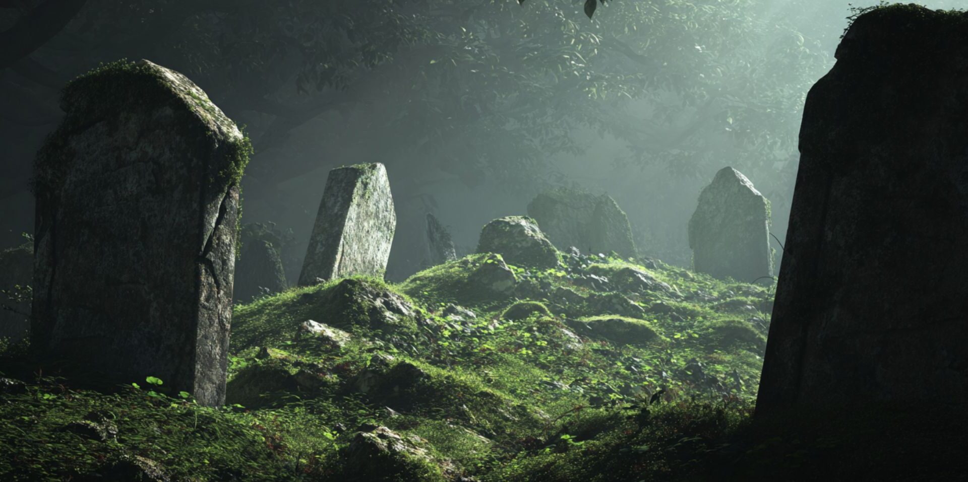 KI-generietes Bild alter Grabsteine in einer Nebenlandschaft