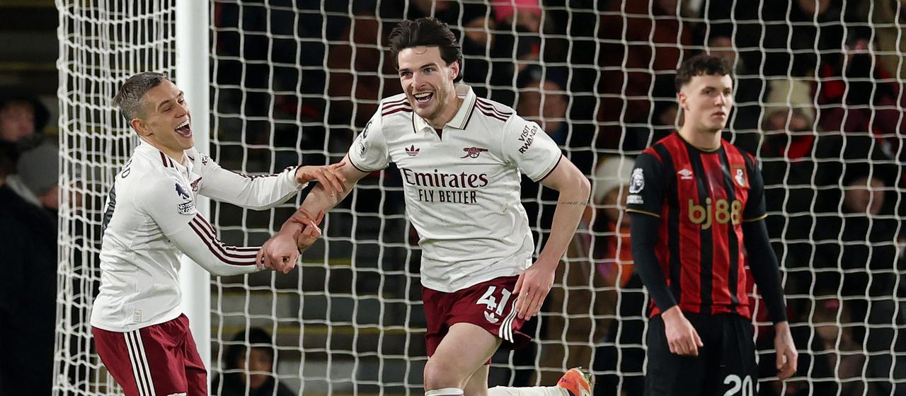 Declan Rice (m.) jubelt über seinen Treffer gegen Bournemouth | Getty Images/Richard Heathcote Declan Rice (m.) jubelt über seinen Treffer gegen Bournemouth