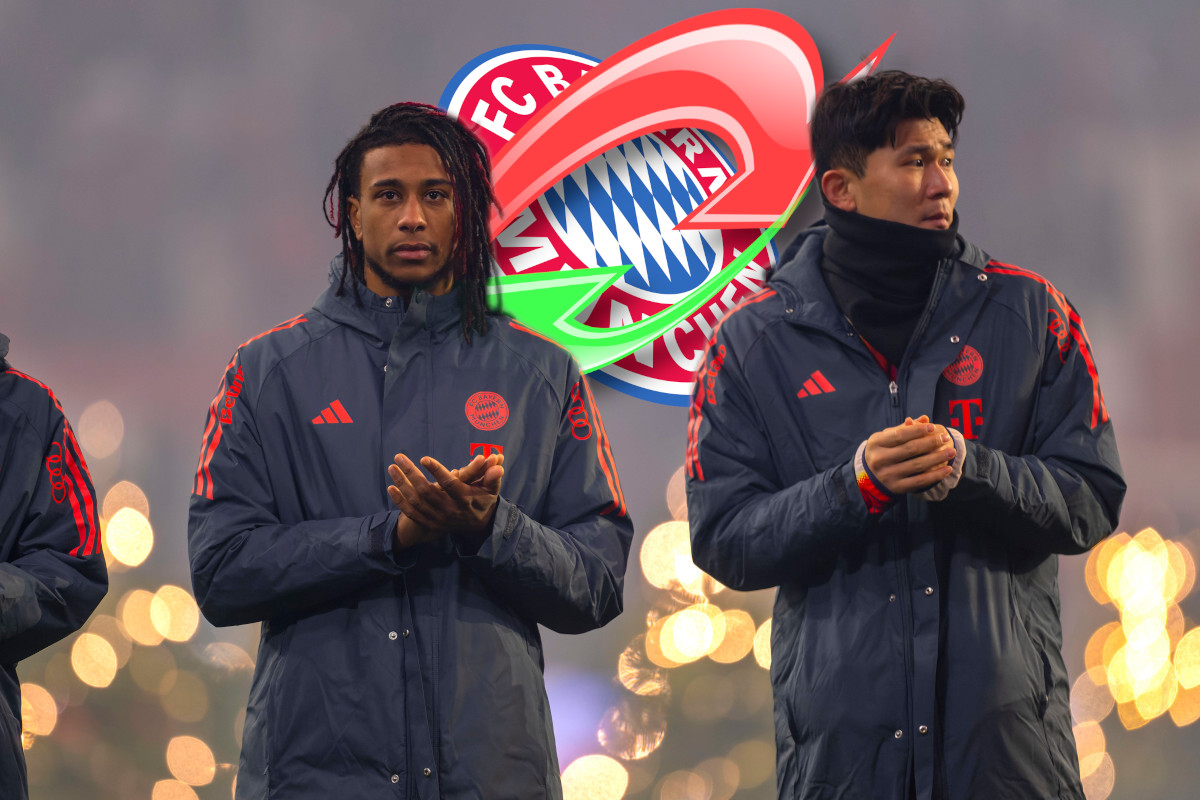 Minjae Kim steht applaudierend neben Bayern-Teamkollege Michael Olise.