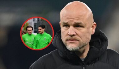 Rouven Schröder schaut auf seine beiden Spieler Rocco Reitz und Kevin Diks.