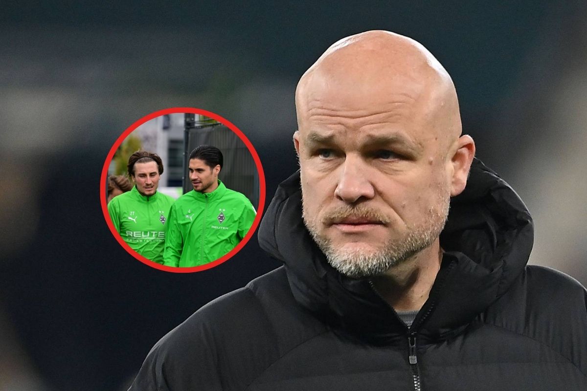 Rouven Schröder schaut auf seine beiden Spieler Rocco Reitz und Kevin Diks.