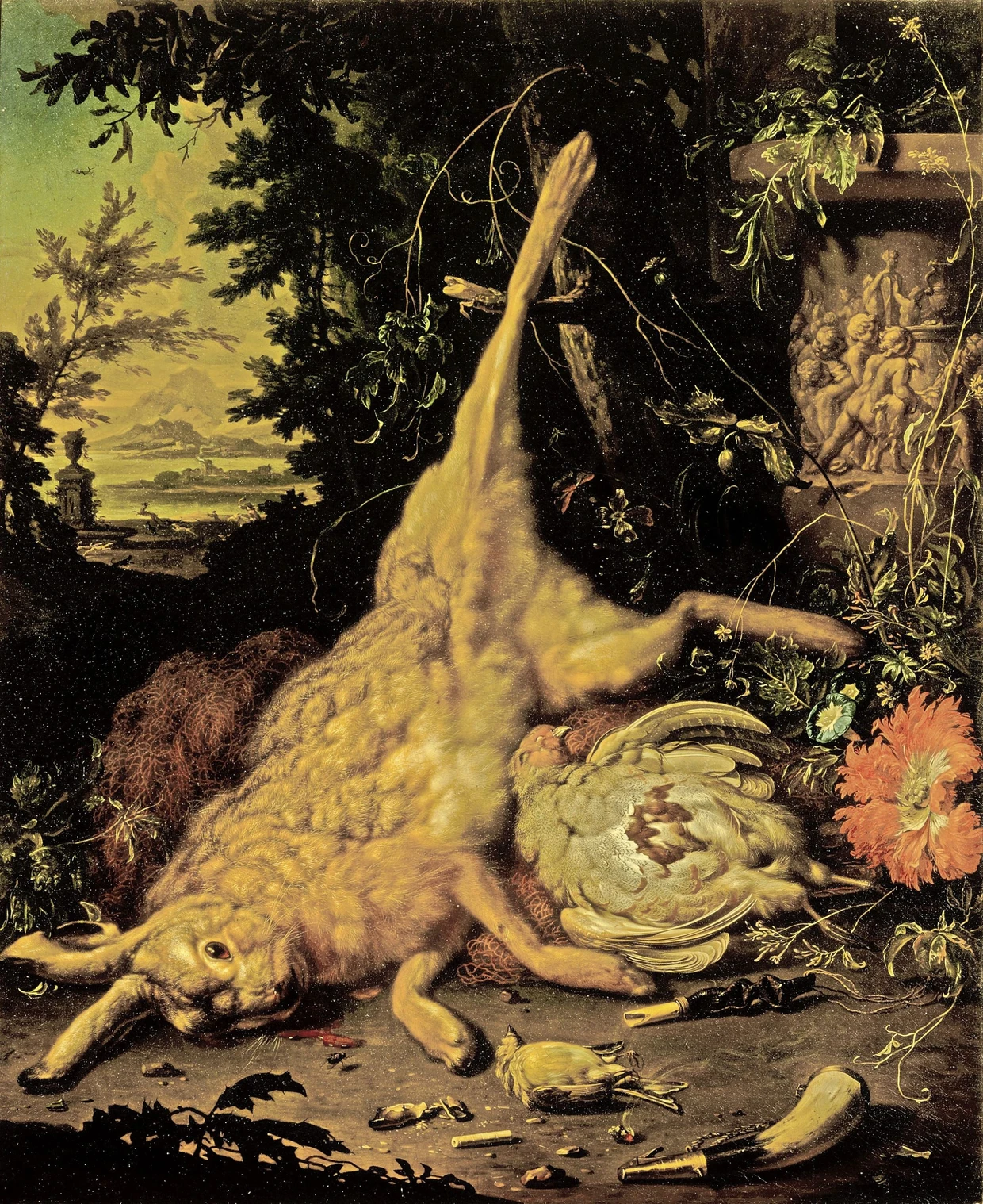 Bunte Mischung aus europäischen und exotischen Lebensformen: ein Jagdstillleben von Dirk Valkenburg, gemalt um 1700