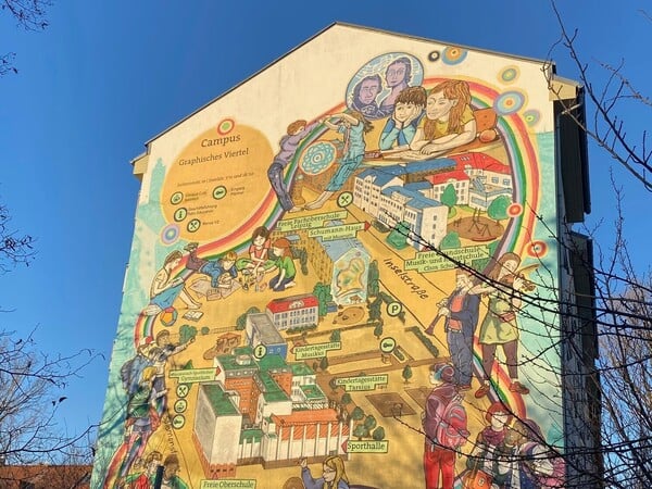 Themenspezial Privatschulen & Internate, ET 30.1
Brandwand mit Illustration des Bildungscampus im Graphischen Viertel Leipzig,
Foto: Dorothee Nolte