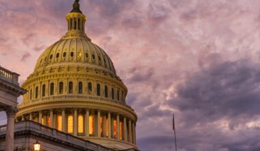 Violet sunset sky over the US Capitol building dome