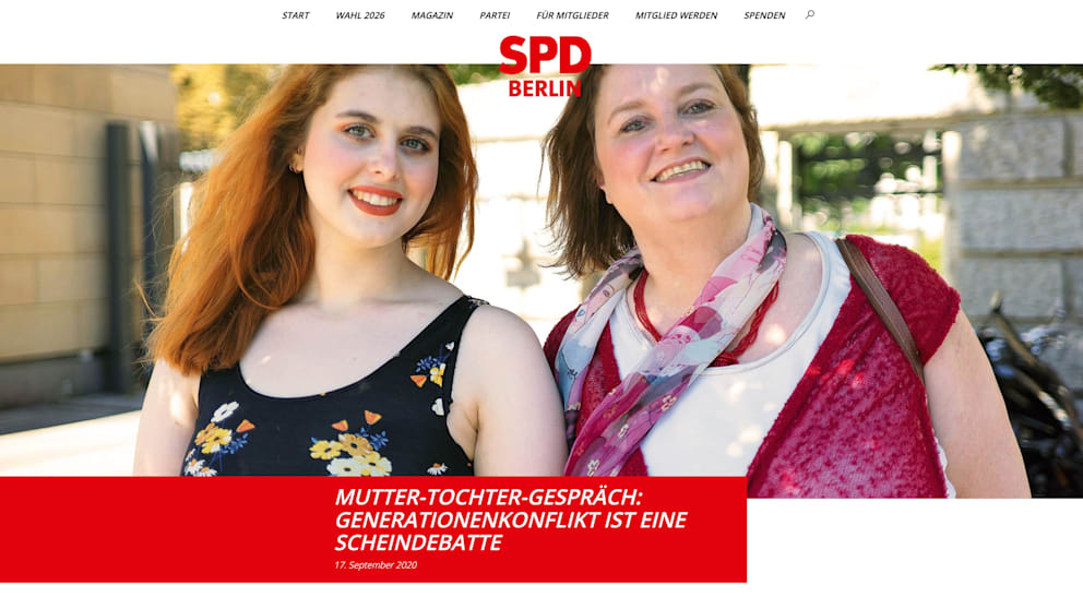 Mit einem gemeinsamen Foto und einem „Mutter-Tochter-Gespräch“ präsentieren sich Ellinor Trenczek und Gesundheitssenatorin Czyborra im SPD-Online-Mitgliedermagazin