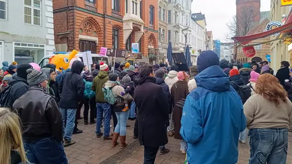 Zahlreiche Menschen sind in Flensburg bei einer Demo unterwegs. | NDR, Anne Lemo Zahlreiche Menschen sind in Flensburg bei einer Demo unterwegs.