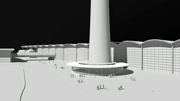 Eine Visualisierung von ingenhoven architects zeigt, wie der Eingangsbereich des Hamburger Fernsehturms gestaltet werden könnte.