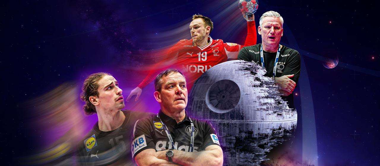 Juri Knorr und Alfred Gislason schauen auf Mathias Gidsel und Nikolaj Jacobsen | IMAGO/Maximilian Koch/Eibner/imago images/Everett Collection Juri Knorr und Alfred Gislason schauen auf Mathias Gidsel und Nikolaj Jacobsen