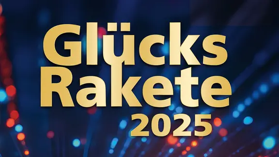 Vor blauem Hintergrund steht das Logo "GlücksRakete 2025"