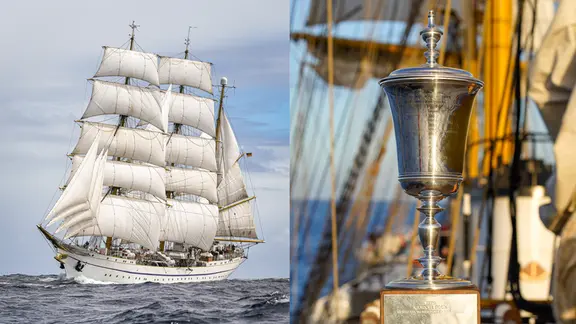 In der Collage ist links die Gorch Fock und rechts eine Trophäe zu sehen.