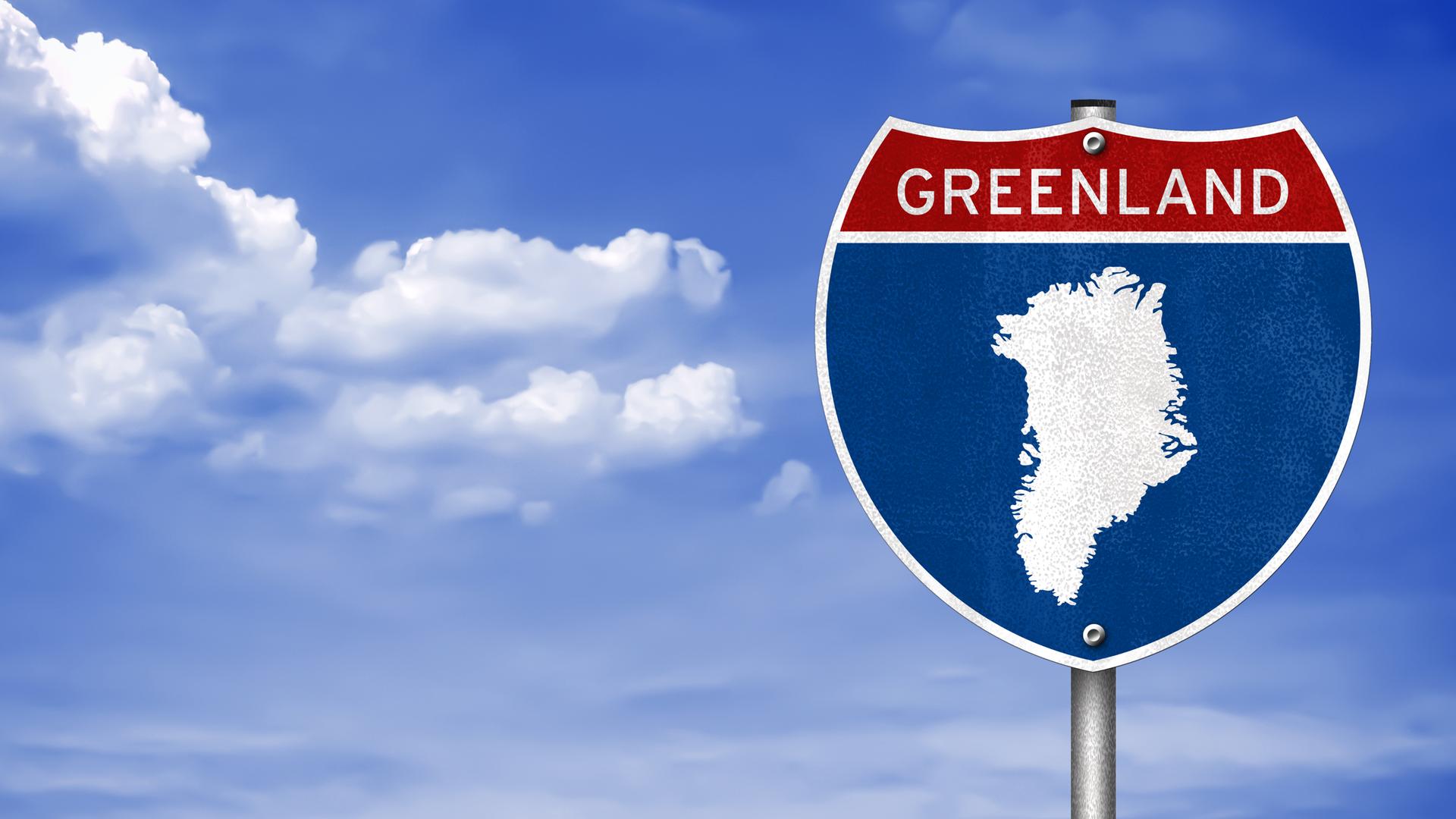 Illustration einer Karte von Grönland auf einem typisch amerikanisch anmutenden Strassenschild.