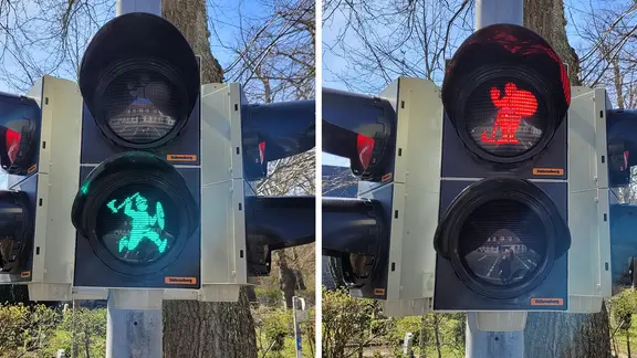 Eine Ampel mit Wikingermotiven in Haddeby.