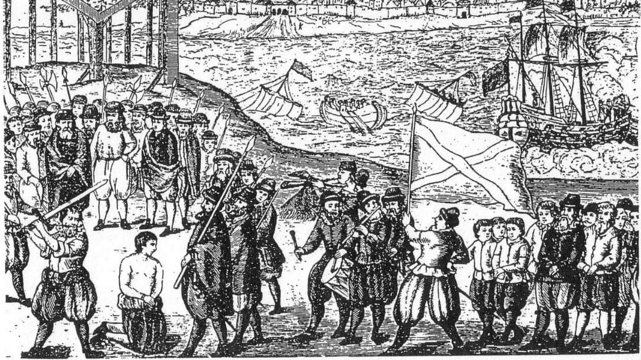 Hinrichtung auf dem Grasbrook: Die Darstellung von 1401 zeigt die Vitalienbrüder auf dem Schafott. Hinrichtung auf dem Grasbrook: Die Darstellung von 1401 zeigt die Vitalienbrüder auf dem Schafott.