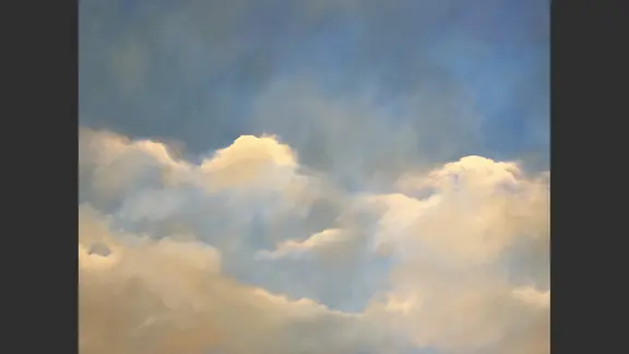 Rabea Medebach mischt in ihren Wolkenbildern die verschiedensten Farbtöne. | Rabea Medebach Helle Wolken schweben vor einem sanft verlaufenden blauen Himmel - ein Gemälde von Rabea Medebach