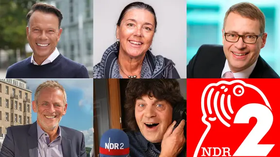 Kommen für eine Sendung zurück ans NDR 2 Mikro: Ulf Ansorge, Lena Aden, Volker Thormählen, Torsten Engel, Harald Wehmeier | NDR/Arman Ahmadi, Janis Roehlig, Jörg Wohlfromm, Marco Peter Ehemalige NDR 2 Moderatoren Ulf Ansorge, Lena Aden, Volker Thormählen, Torsten Engel, Haralt Wehmeier mit altem NDR 2 Logo