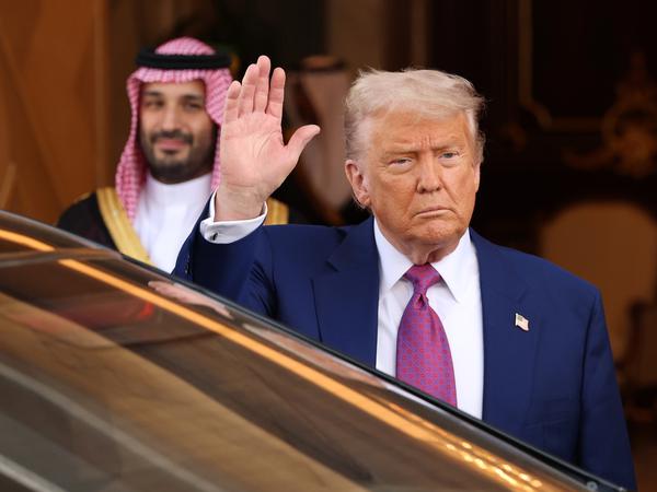 RIYADH, SAUDI ARABIA - MAY 13: U.S. President Donald J. Trump leaves the Saudi Royal Court with Saudi Crown Prince Mohammed bin Salman on May 13, 2025, in Riyadh, Saudi Arabia. Trump begins a multi-nation tour of the Gulf region focused on expanding economic ties and reinforcing security cooperation with key U.S. allies. (Photo by Win McNamee/Getty Images)