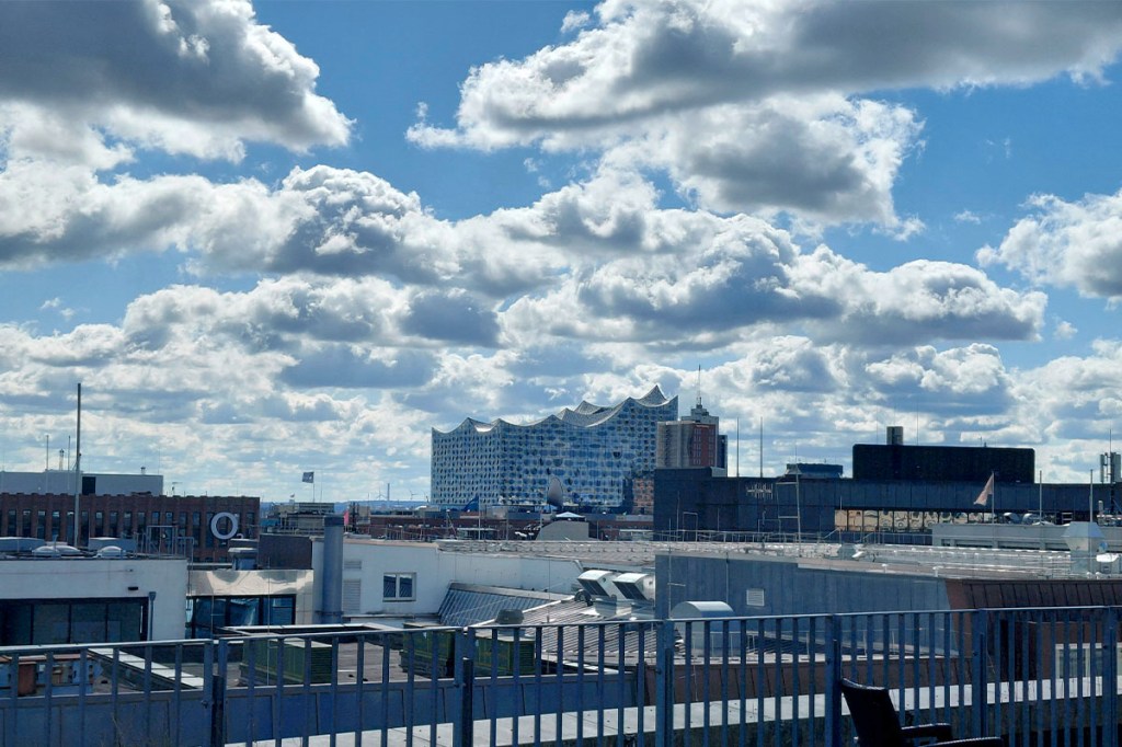 Blick auf die Elbphilharmonie über die Dächer von Hamburg.