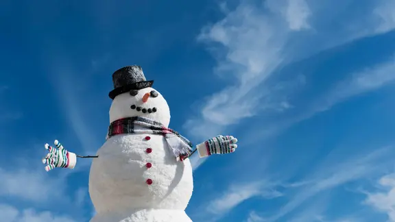 Ein Schneemann mit Schal und Hut steht vor blauem Himmel | picture alliance / Bildagentur-online/Tetra Ein Schneemann mit Schal und Hut steht vor blauem Himmel