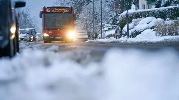 Ein Bus der Kieler Verkehrsgesellschaft fährt auf einer Straße.
