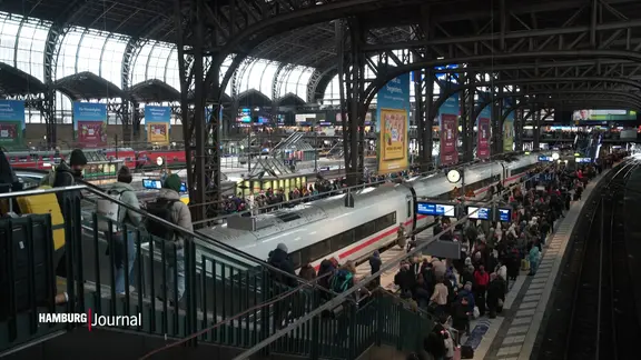 Viele Personen stehen an den Bahngleisen im Hamburger Hauptbahnhof.