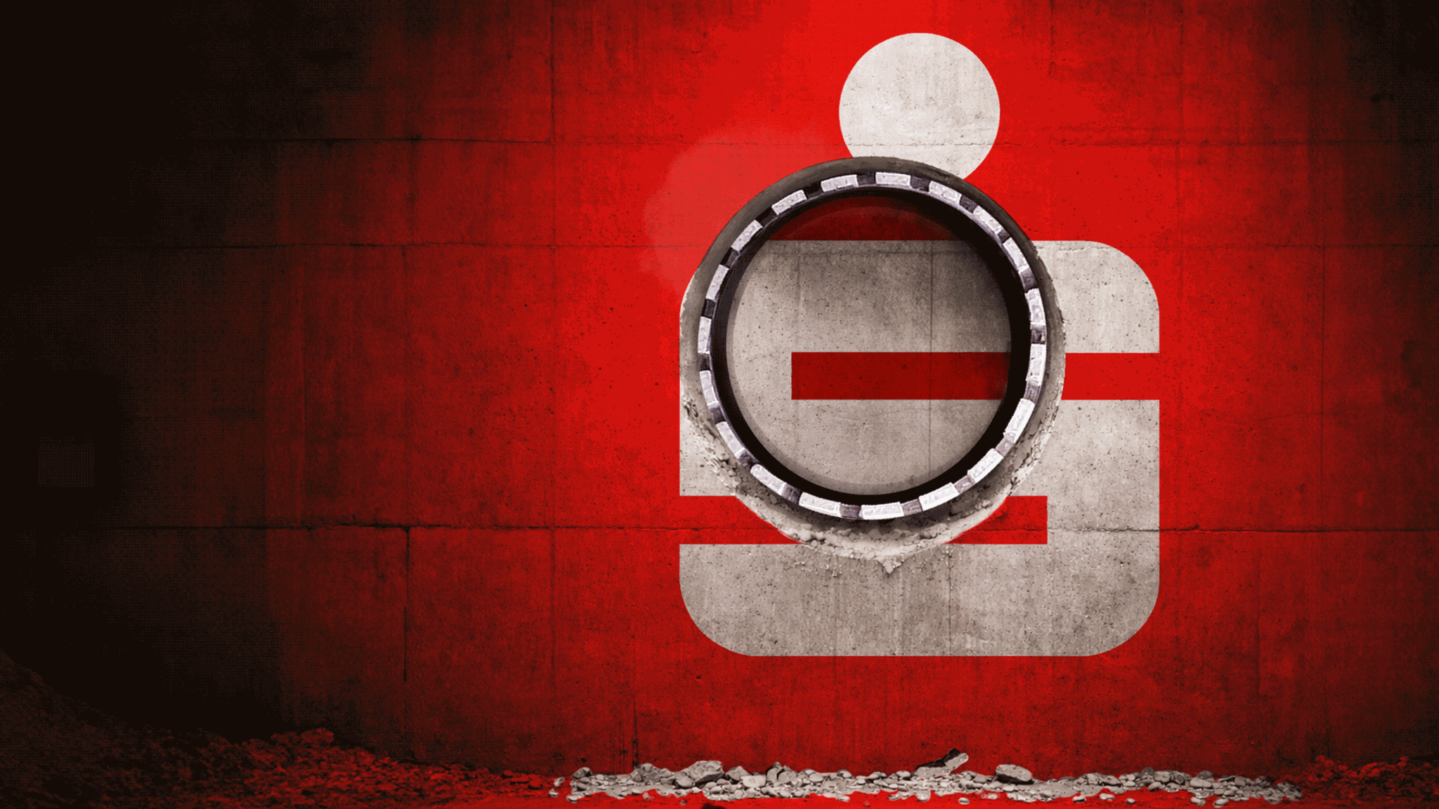 Bankraub: Eine Animation einer Wand mit einem Sparkassen-Logo, bei dem sich ein Bohrer durch die Wand bohrt Bankraub: Eine Animation einer Wand mit einem Sparkassen-Logo, bei dem sich ein Bohrer durch die Wand bohrt