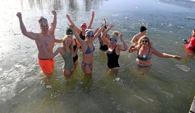 Schwimmer springen in den Autobahnsee