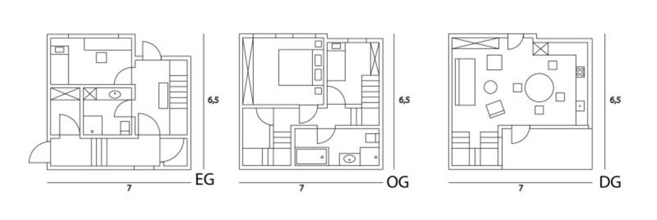 Grundriss von drei Geschossen