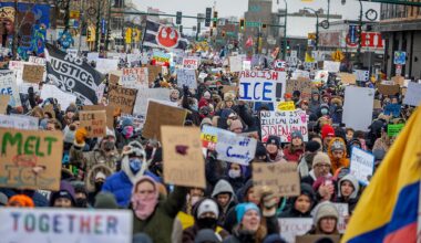 Blick von vorn auf eine riesige Menschenmenge mit Transparenten und Plaketen, die eine Straße entlangläuft.