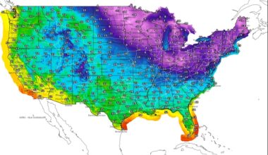 Ein erneuter Kälteriegel scheint sich von Norden heranzuschieben. Dann werden die Temperaturen wieder deutlich unter den Nullpunkt (nach Celsius) fallen, der bei 32° Fahrenheit liegt. 5° bis -14° Fahrenheit wie in dem violett eingefärbten Gebiet bedeuten nach hiesiger Lesart etwa -15° bis -25° C (Abb.: National Weather Service)