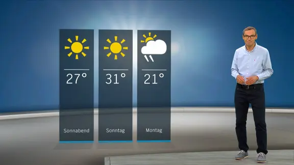 NDR Moderator Meeno Schrader steht im Studio mit der Wettervorhersage.