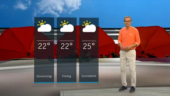NDR Moderator Meeno Schrader steht im Studio mit der Wettervorhersage.