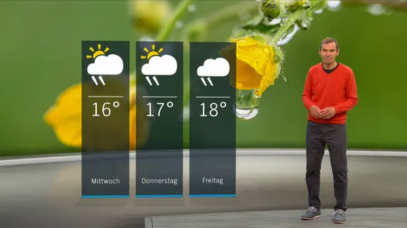 NDR Moderator Meeno Schrader steht im Studio mit der Wettervorhersage.