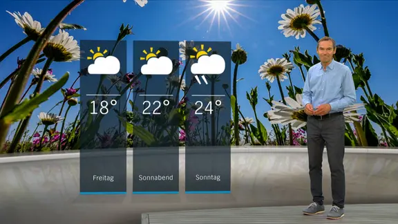 NDR Moderator Meeno Schrader steht im Studio mit der Wettervorhersage.