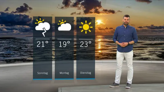 NDR Moderator Sebastian Wache steht im Studio mit der Wettervorhersage.