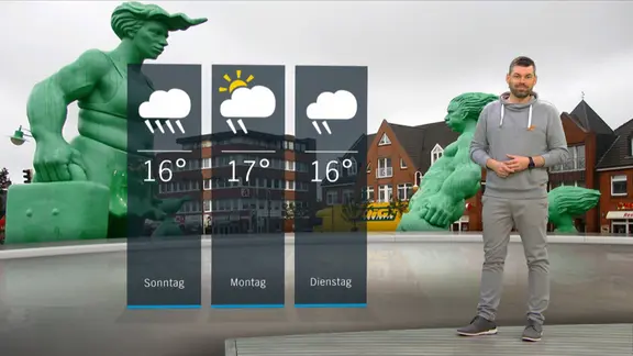 NDR Moderator Sebastian Wache steht im Studio mit der Wettervorhersage