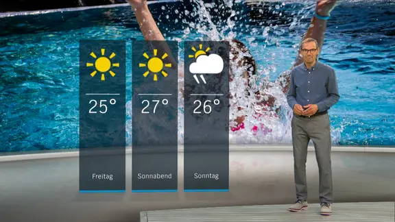 NDR Moderator Meeno Schrader steht im Studio mit der Wettervorhersage.