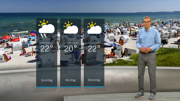 NDR Moderator Meeno Schrader steht im Studio mit der Wettervorhersage.