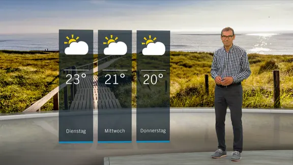 NDR Moderator Meeno Schrader steht im Studio mit der Wettervorhersage.