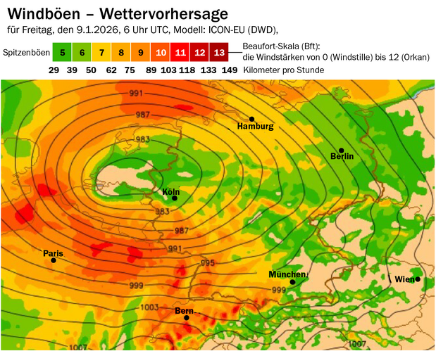 Windboöen, Vorhersage für Freitag, den 9.1.2026