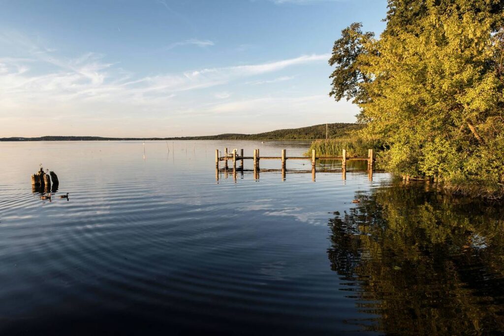 Blick auf einen See am Schloss Meseburg in Brandenburg