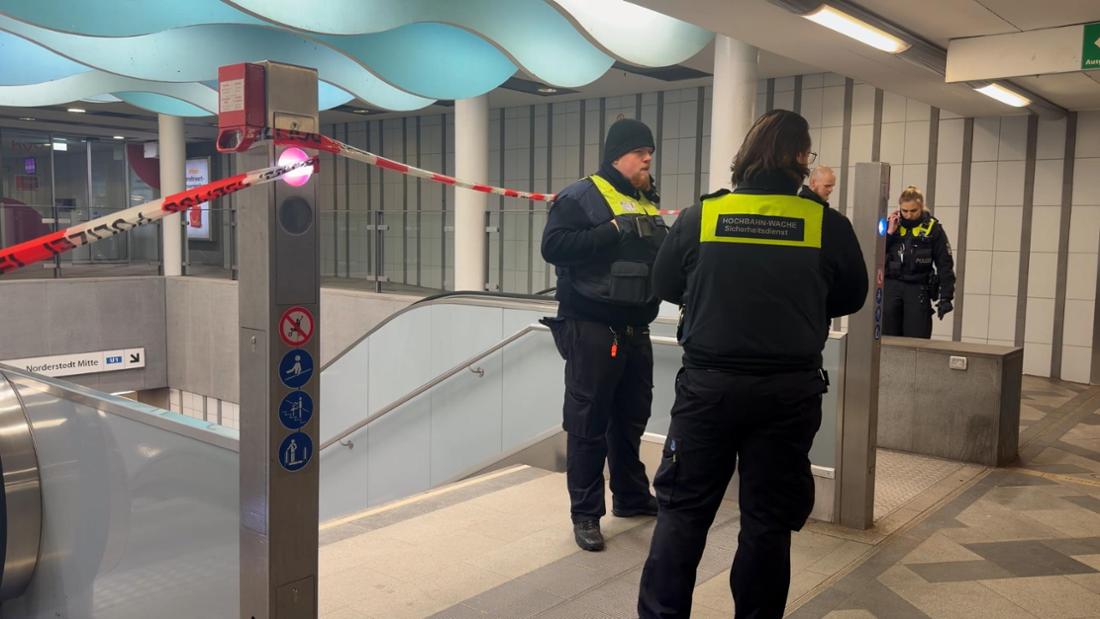 Einsatzkräfte der Polizei arbeiten am U-Bahnhof Wandsbek Markt. Nachdem in Hamburg zwei Menschen von einer einfahrenden U-Bahn überrollt worden und gestorben sind, ermittelt die Mordkommission. Es bestehe der Verdacht eines Tötungsdeliktes, sagte ein Sprecher der Polizei.