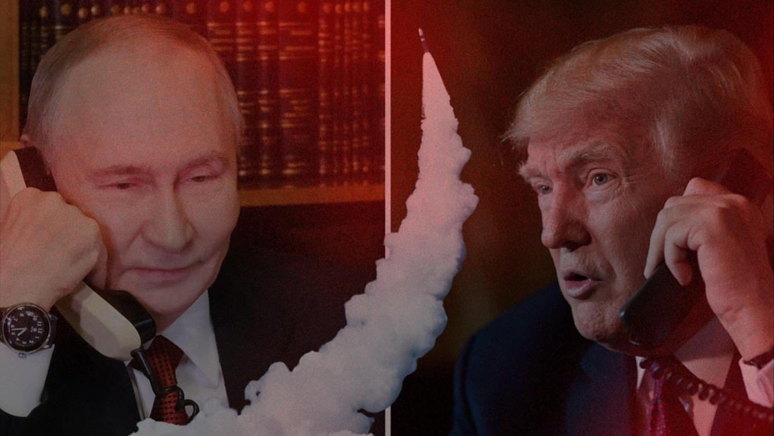 Wladimir Putin (li.) und Donald Trump am Telefon – in der Mitte eine Trident-II-D5-Rakete der USA bei einem Testflug 2011. 