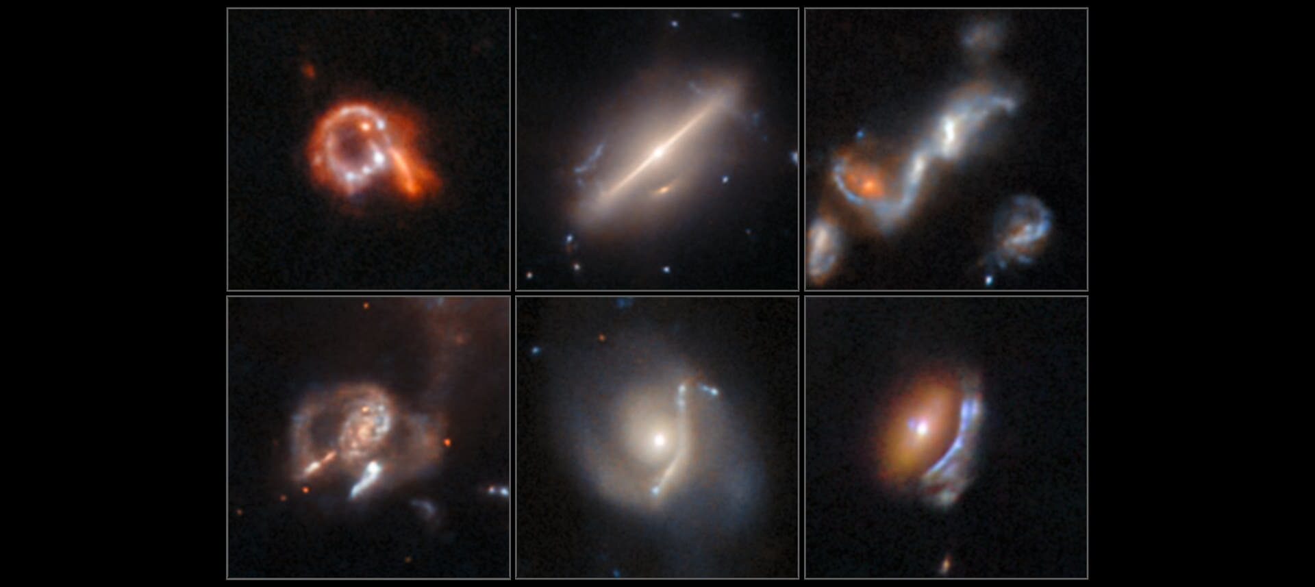 Sechs astronomische Aufnahmen von Galaxien, die verschiedene Formen und Strukturen zeigen. Oben links ist eine ringförmige Galaxie mit leuchtenden, roten und weißen Bereichen. Oben in der Mitte eine längliche Galaxie mit einem hellen Kern. Oben rechts eine Galaxie mit geschwungenen, leuchtenden Strukturen. Unten links eine Galaxie mit spiralförmigen Armen. Unten in der Mitte eine Galaxie mit einem klaren Spiralarm und einem hellen Zentrum. Unten rechts eine Galaxie mit einem rötlichen Zentrum und diffusen, blauen Rändern.