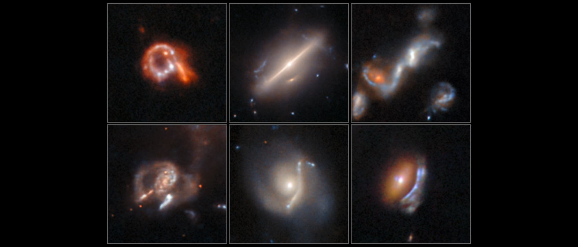 Sechs astronomische Aufnahmen von Galaxien, die verschiedene Formen und Strukturen zeigen. Oben links ist eine ringförmige Galaxie mit leuchtenden, roten und weißen Bereichen. Oben in der Mitte eine längliche Galaxie mit einem hellen Kern. Oben rechts eine Galaxie mit geschwungenen, leuchtenden Strukturen. Unten links eine Galaxie mit spiralförmigen Armen. Unten in der Mitte eine Galaxie mit einem klaren Spiralarm und einem hellen Zentrum. Unten rechts eine Galaxie mit einem rötlichen Zentrum und diffusen, blauen Rändern.