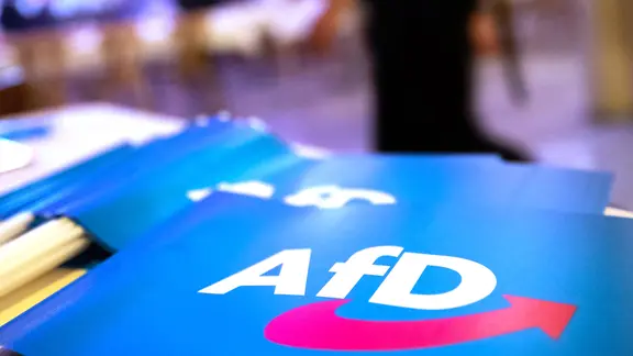 Fahnen mit AfD-Logo. | picture alliance/dpa | Daniel Karmann Fahnen mit AfD-Logo.
